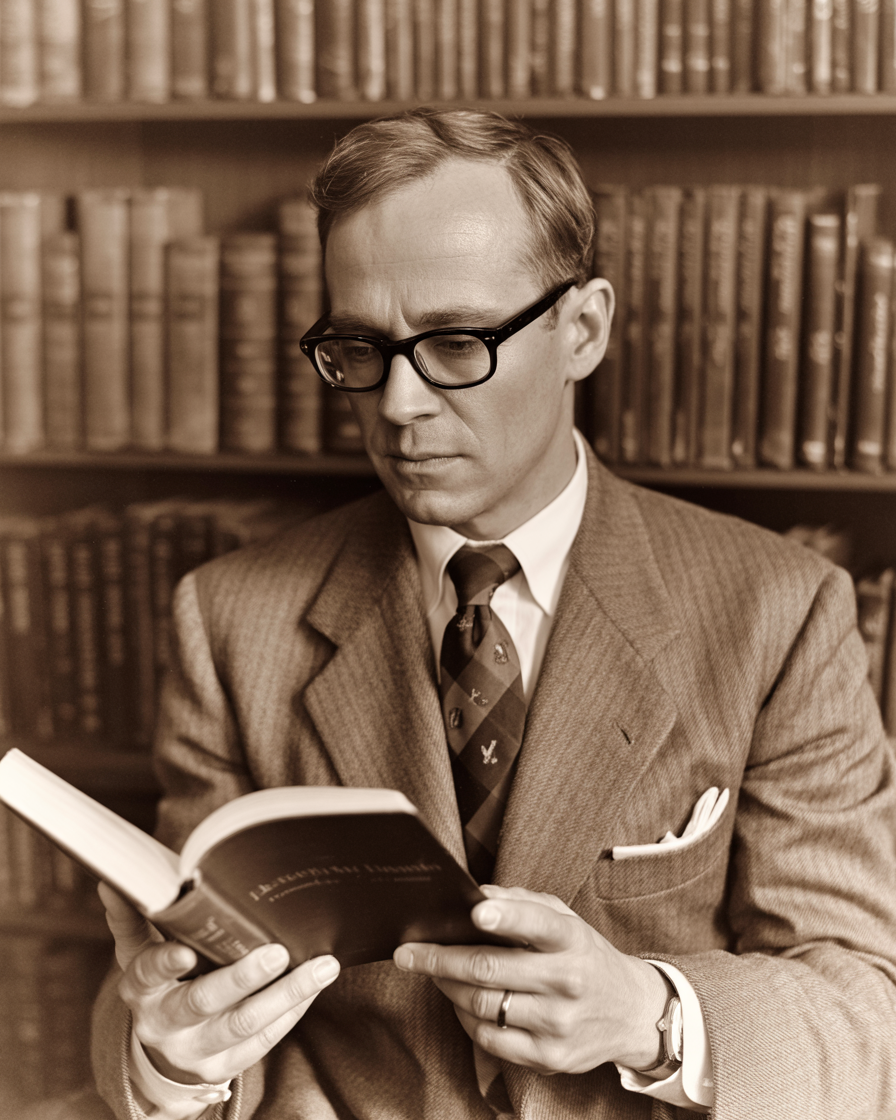 Sepia-toned portrait of a professor reading with rectangular glasses