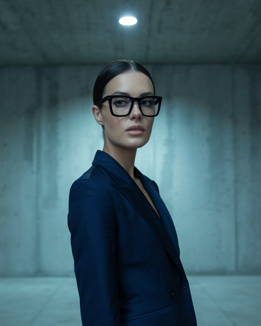 Stylish woman in a blazer wearing bold rectangular glasses