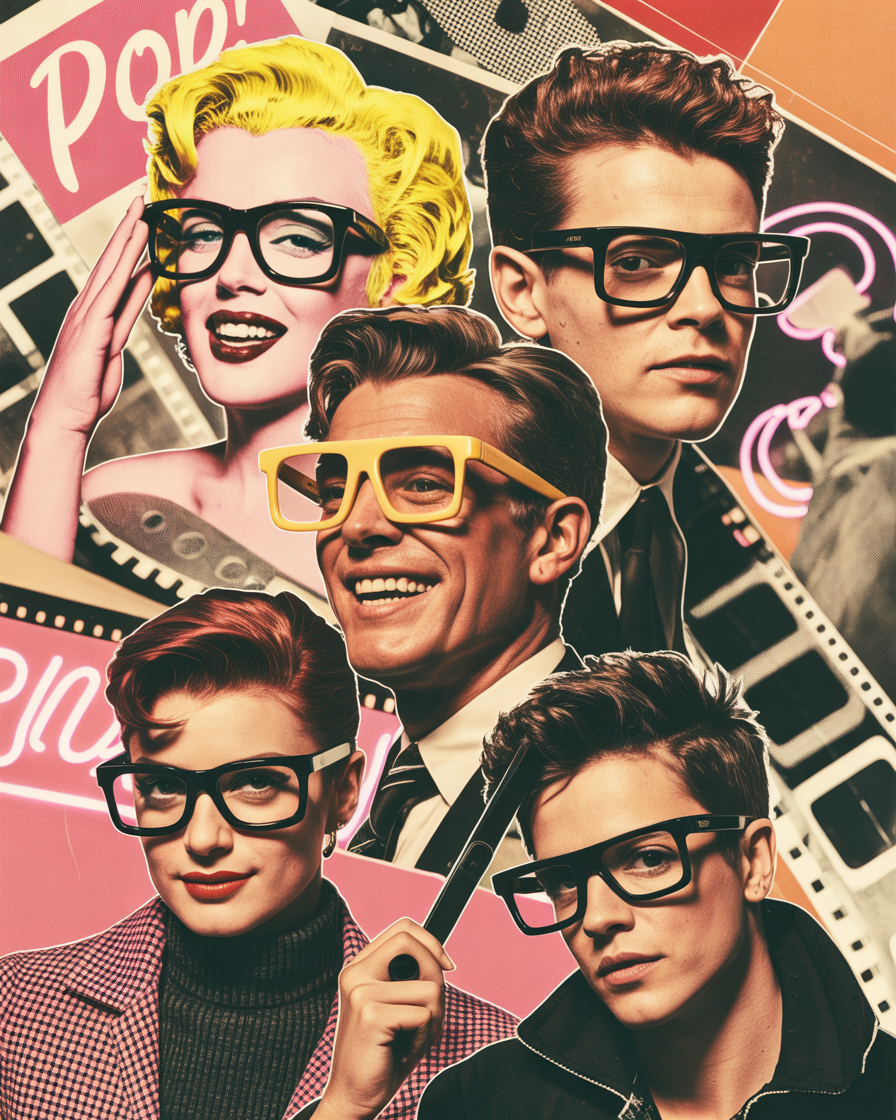 Retro collage of pop culture figures wearing rectangular glasses