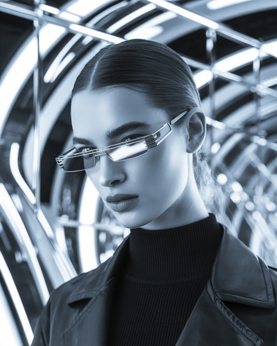 Model in monochrome outfit wearing ultra-thin rectangular glasses