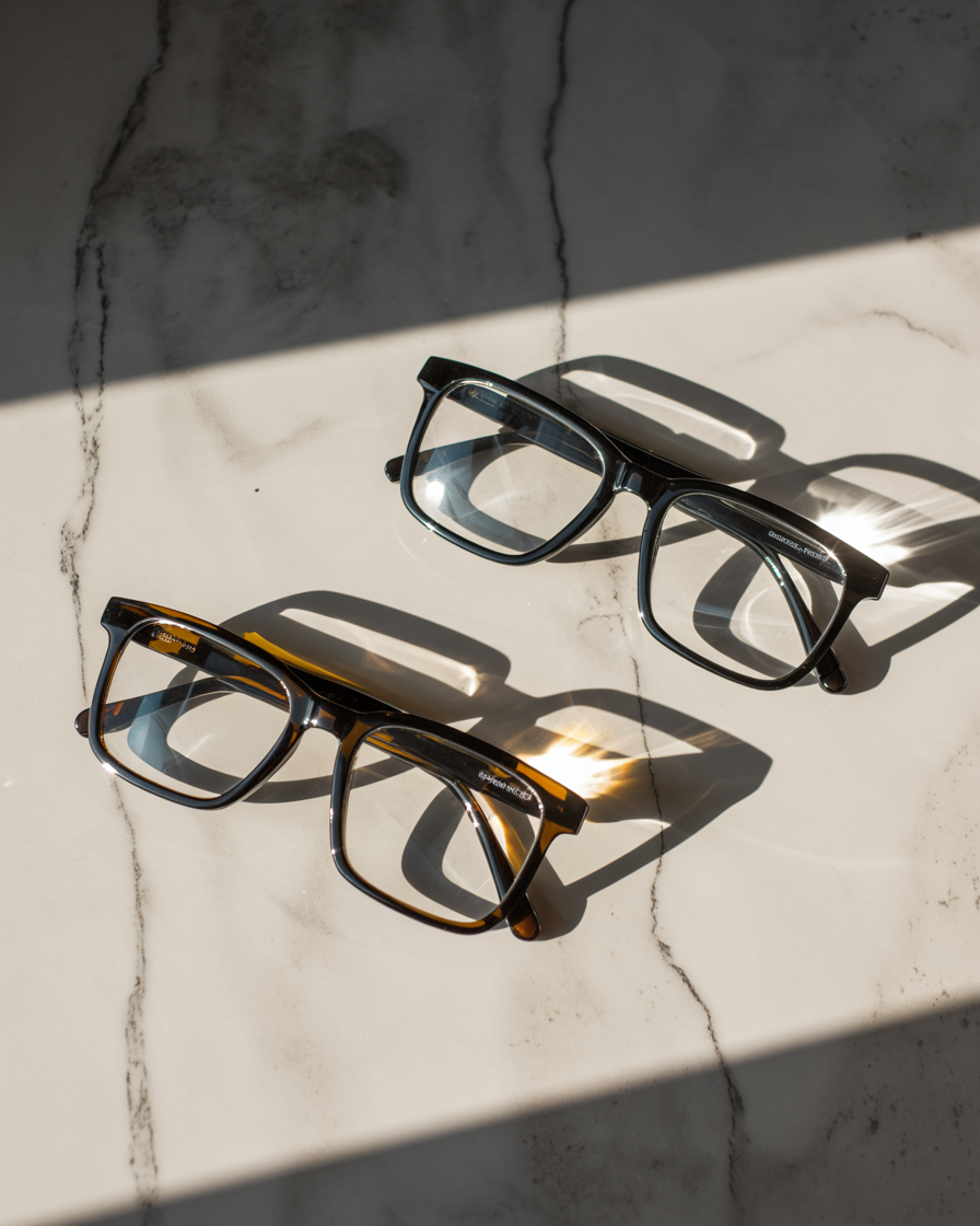 Flat lay of rectangular glasses on marble with natural light shadows
