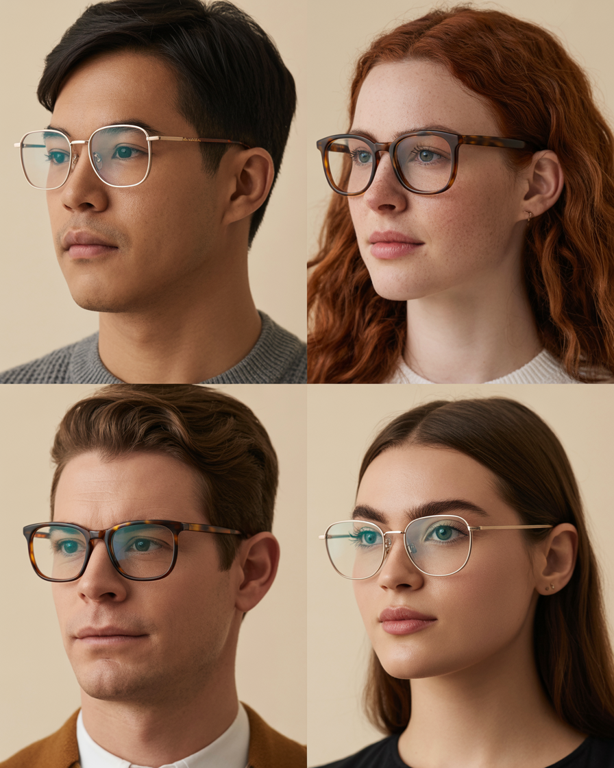 Split-screen showing different face shapes with rectangular glasses