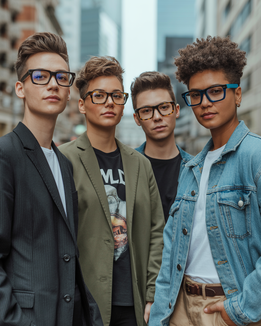 Diverse individuals wearing rectangular glasses in different fashion styles