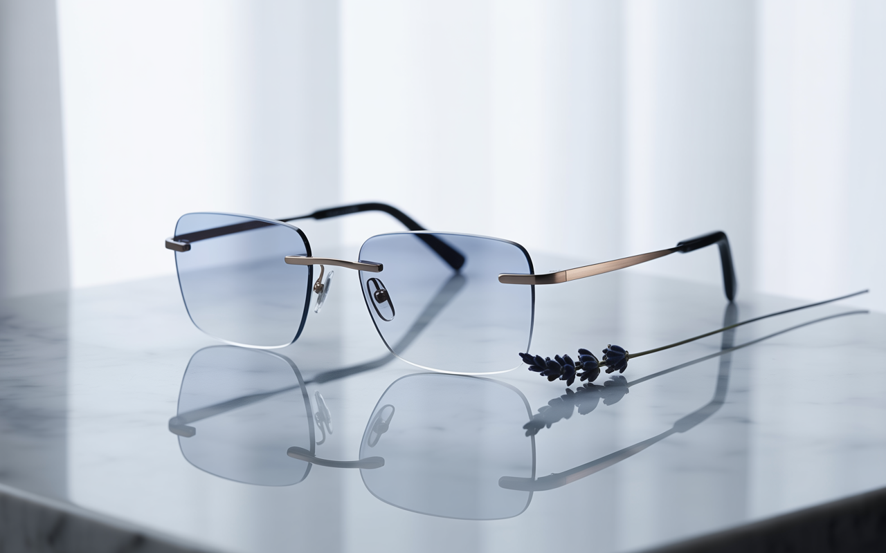 Close-up of rimless eyewear components on workbench