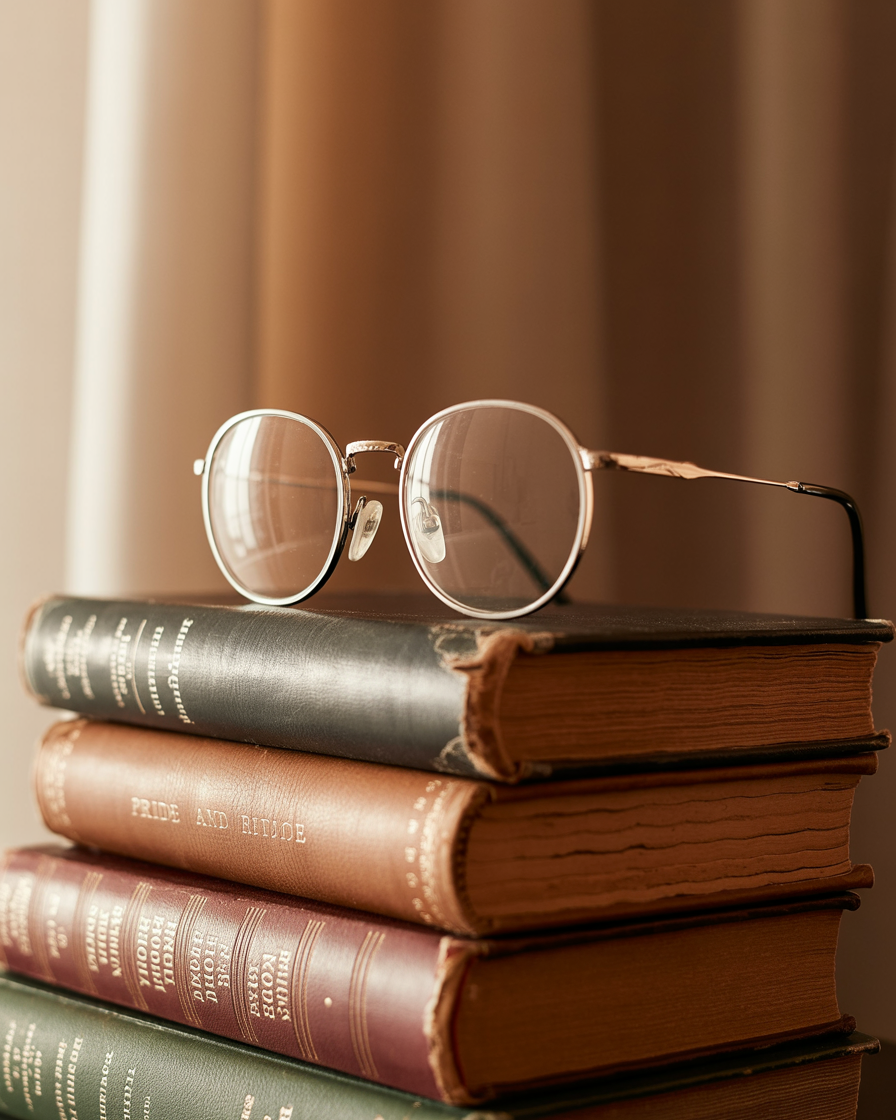 Vintage round eyeglasses resting on a stack of classic novels