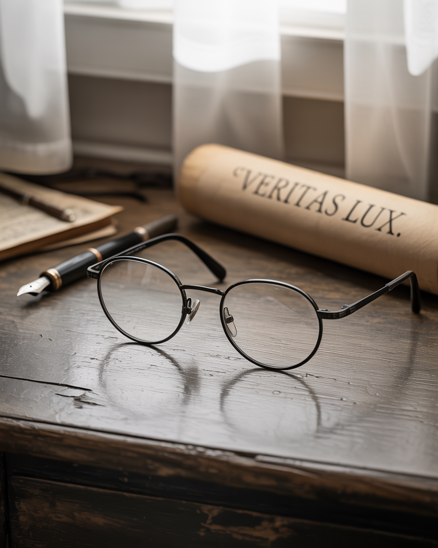 Black metal round eyeglasses beside a fountain pen and parchment