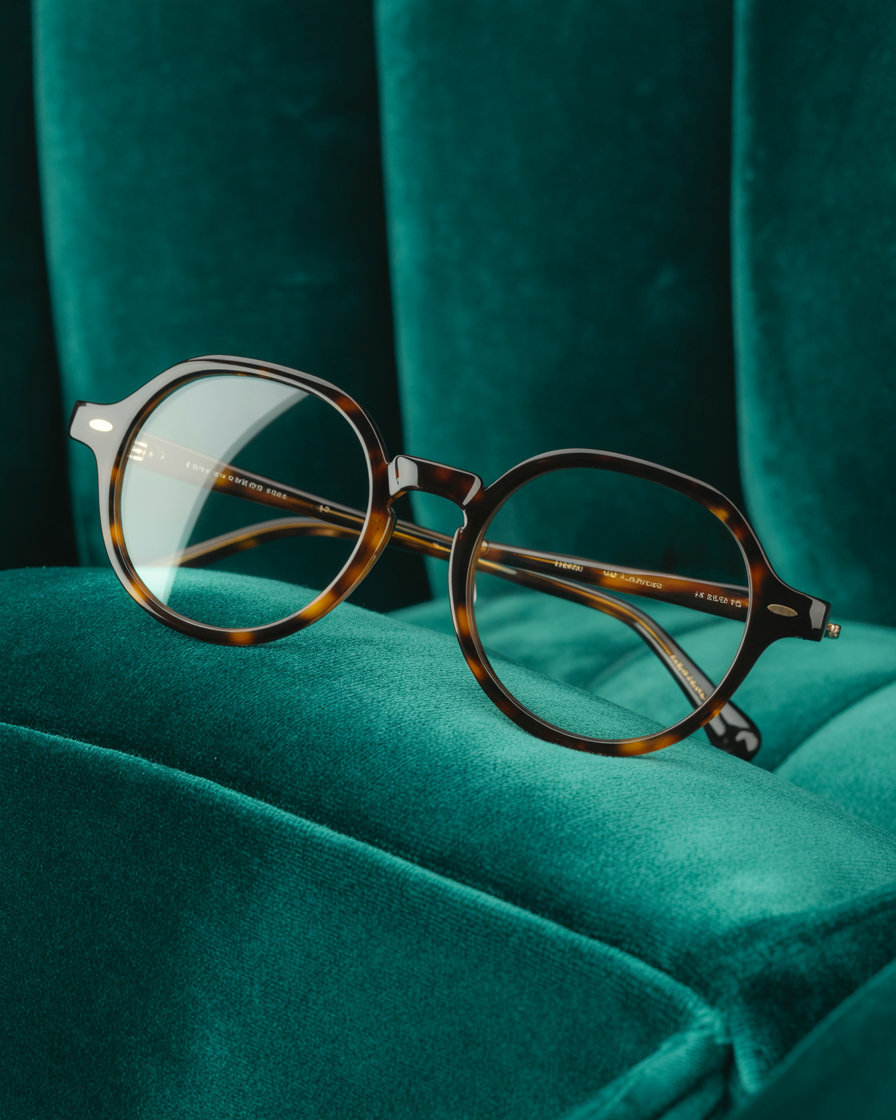 Oversized round acetate glasses with tortoiseshell finish on velvet