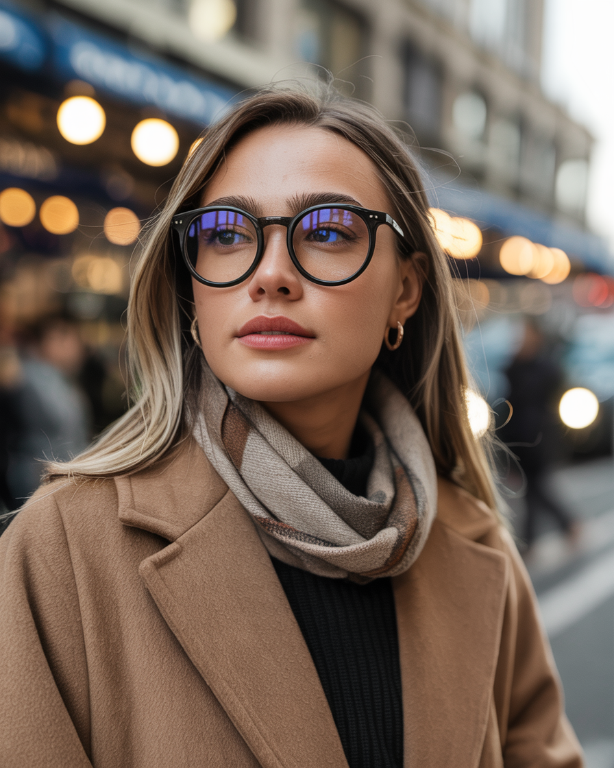 Unisex round eyeglasses styled with a wool coat and scarf