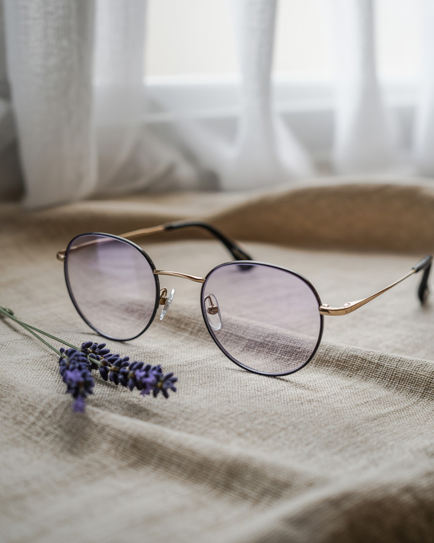 Editorial shot of round glasses with gold accents on a linen backdrop