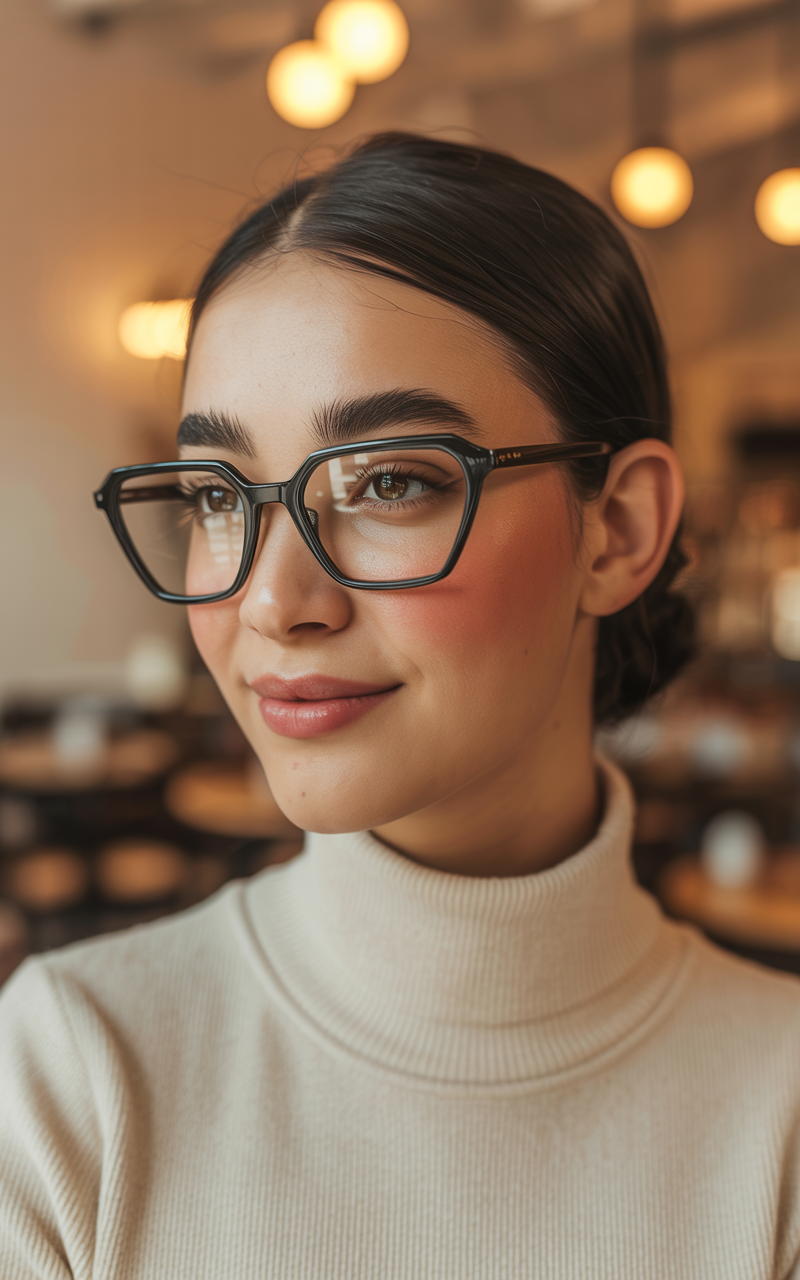 Angular glasses styling for round face