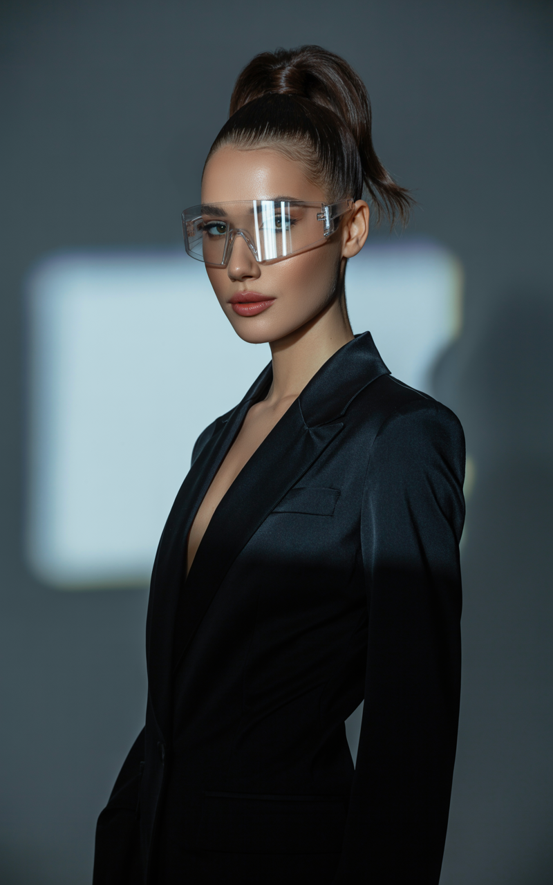 Model wearing shield glasses with a structured blazer and slick ponytail