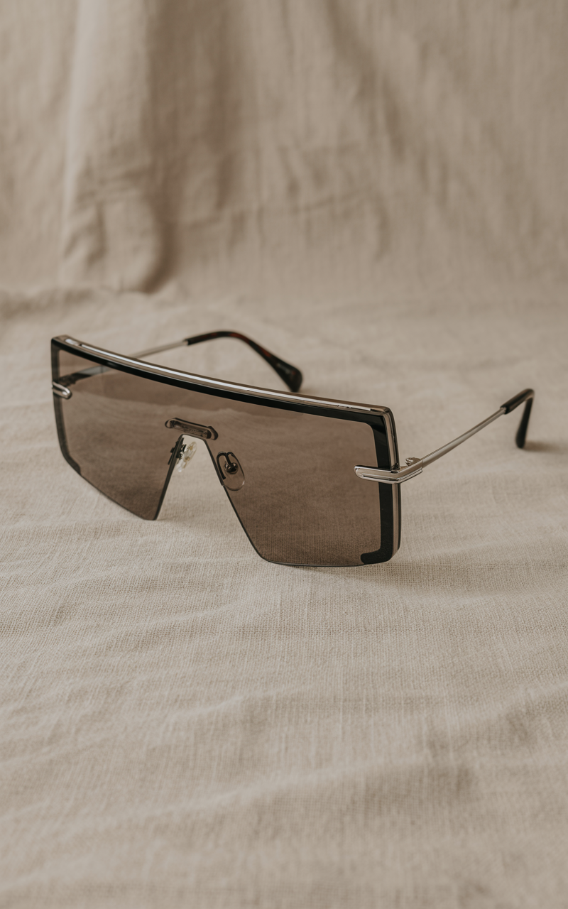 Editorial shot of shield glasses with chrome accents on a linen backdrop