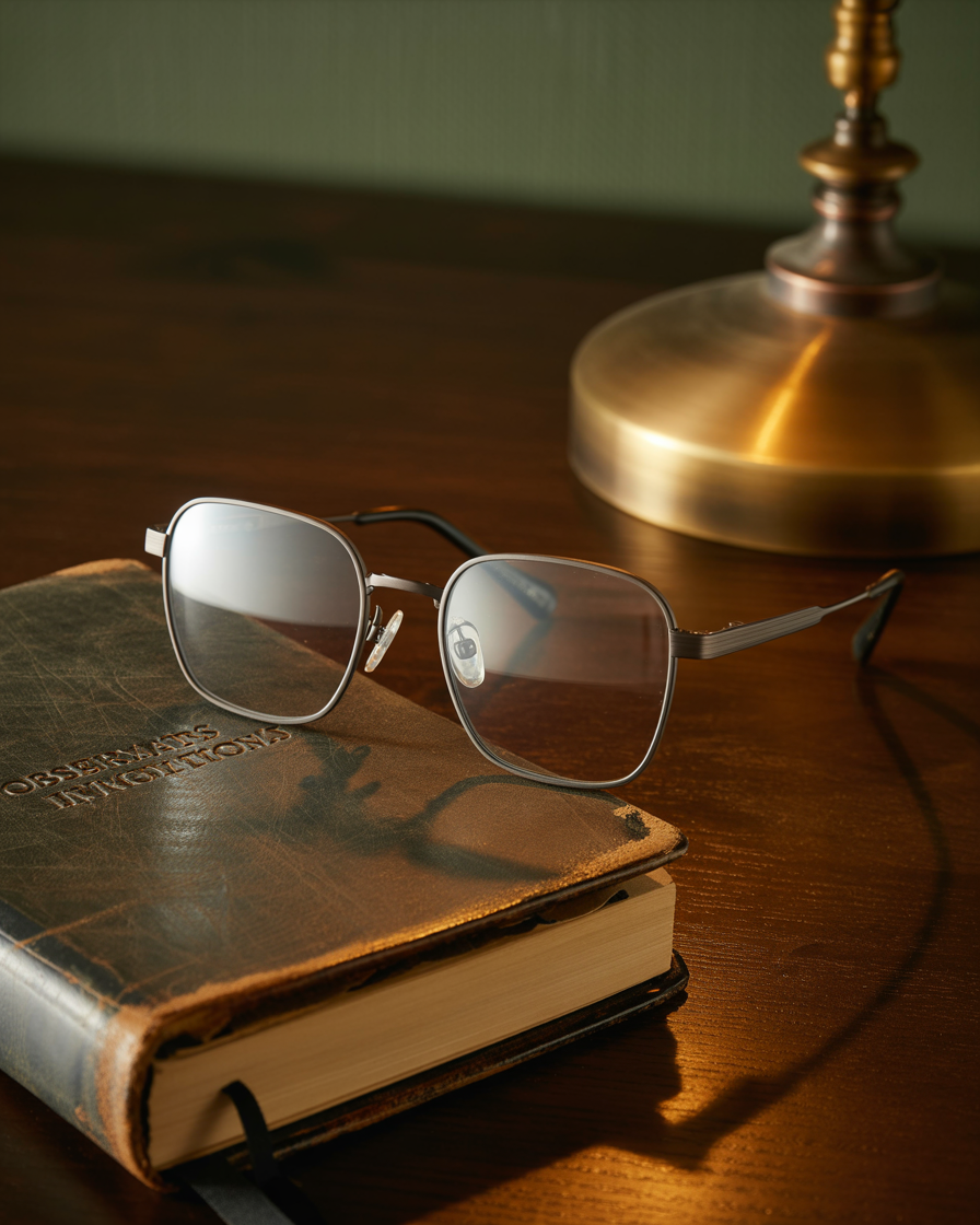 Thin metal square eyeglasses beside a leather-bound journal