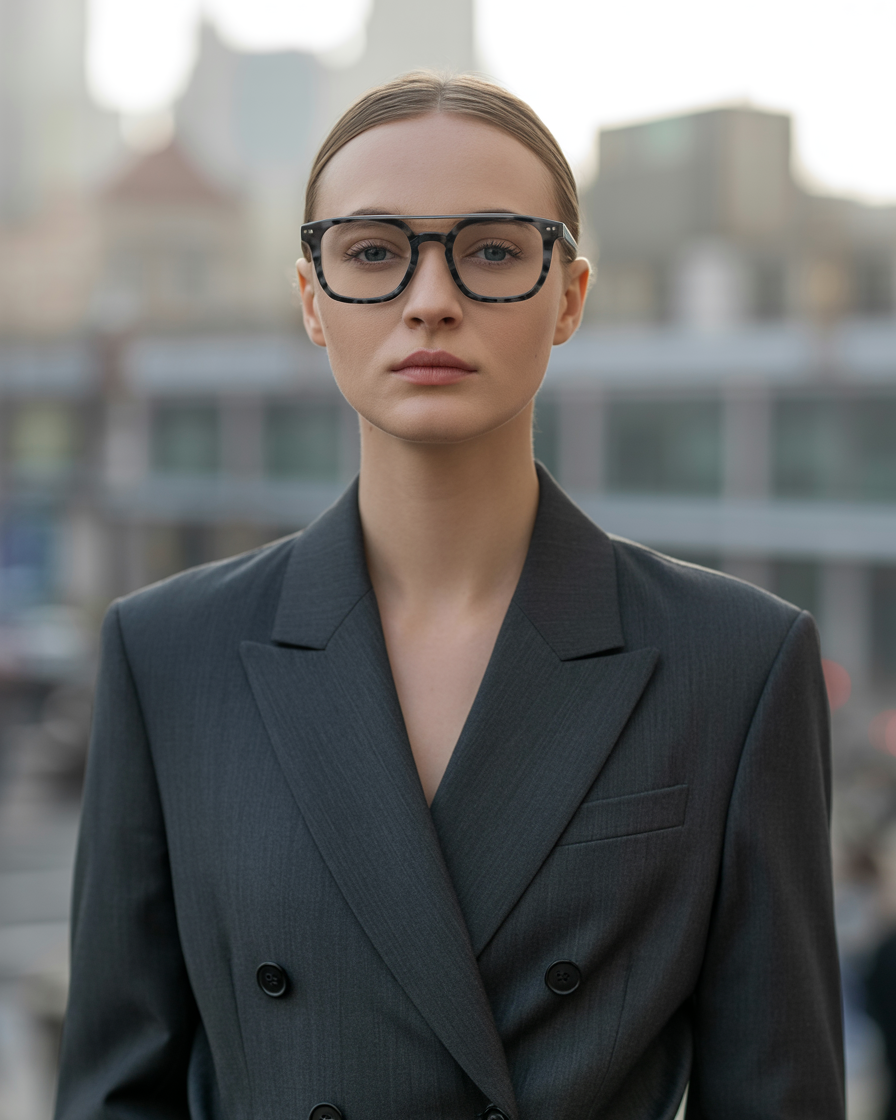 Unisex square eyeglasses styled with a structured blazer
