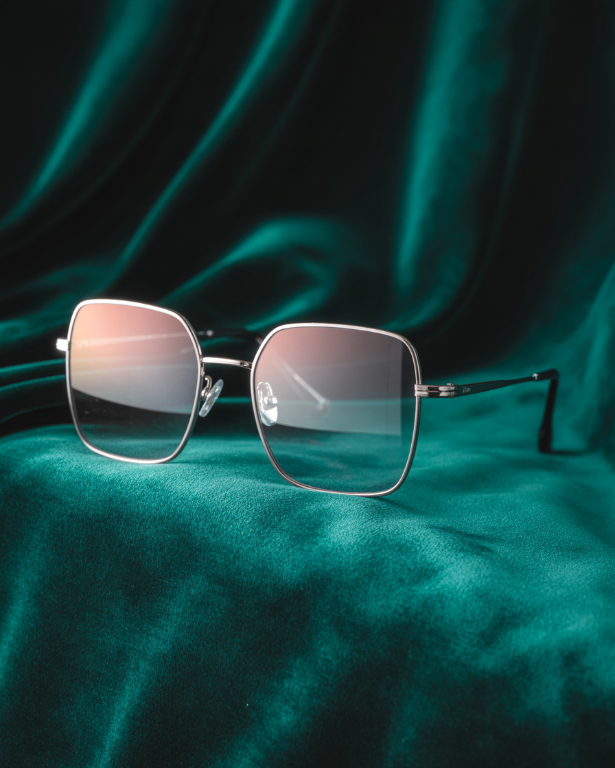 Editorial shot of square glasses with gradient lenses on velvet