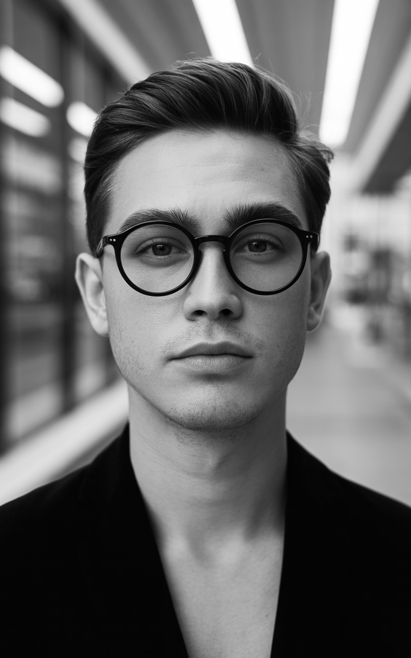 Model with triangle face wearing browline glasses