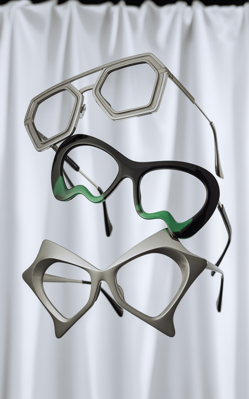 Editorial collage of unconventional eyewear shapes