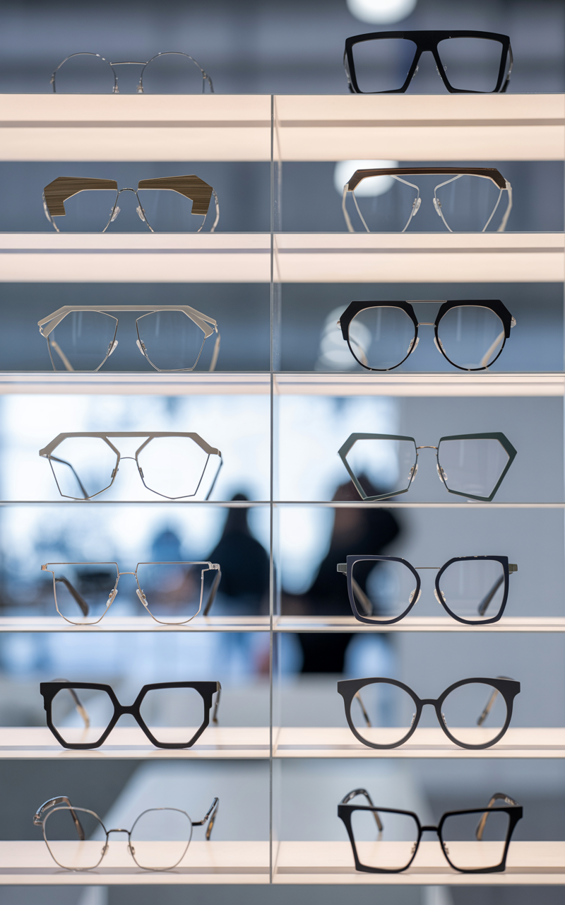 Grid of geometric and asymmetric eyewear styles