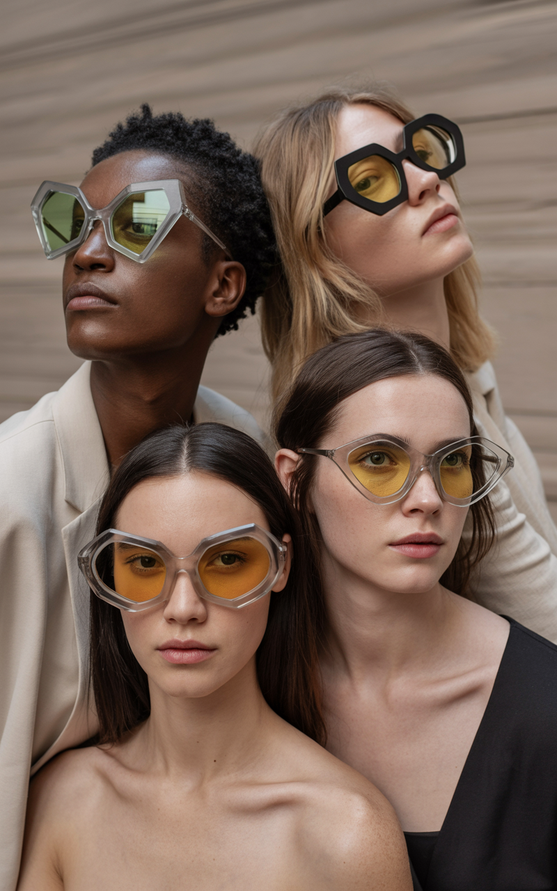Editorial shot of sculptural and abstract eyewear on models