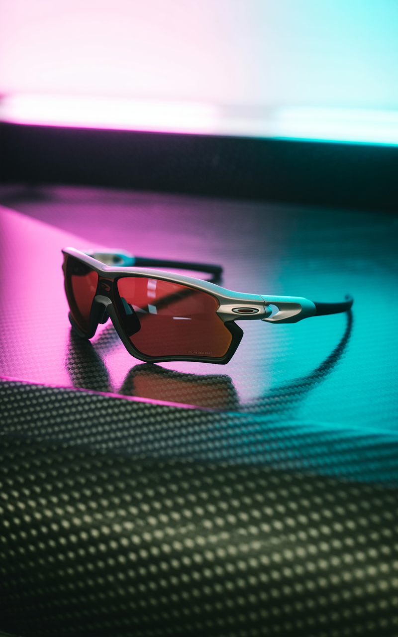 Wrap sunglasses on a carbon fiber surface with neon lighting