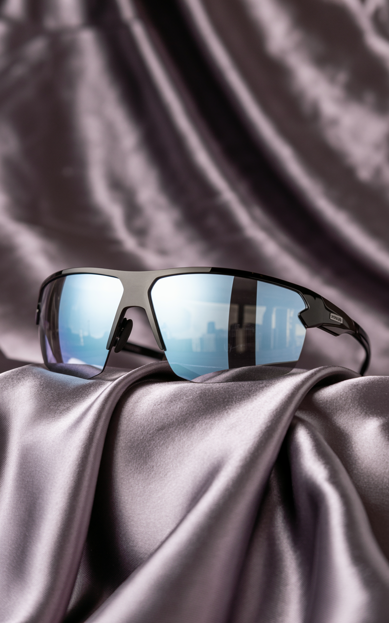 Wraparound glasses with mirrored lenses on a satin backdrop