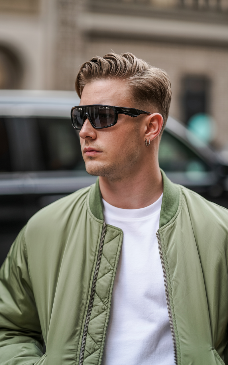 Unisex wrap sunglasses styled with a bomber jacket and slick hairstyle