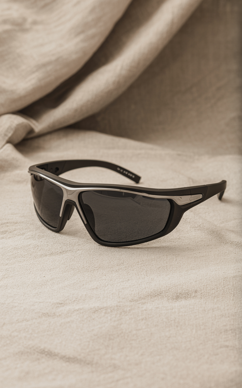 Editorial shot of wrap sunglasses with chrome accents on a linen backdrop